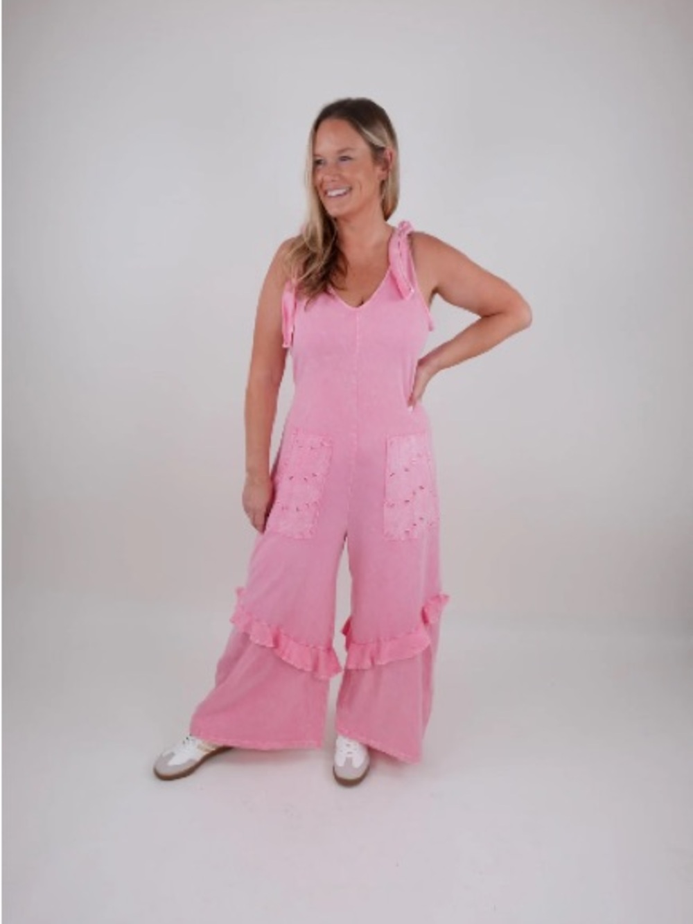 J.Her Tie-Shoulder Pink Ruffle & Eyelet Wide-Leg Jumpsuit size Medium